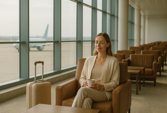 Calm woman relaxing in airport lounge before travel, enjoying wellness and safe journey with CBD support