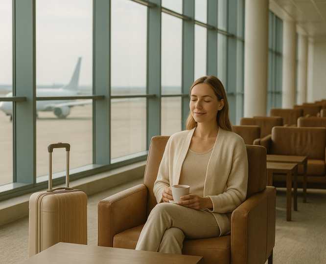 Calm woman relaxing in airport lounge before travel, enjoying wellness and safe journey with CBD support