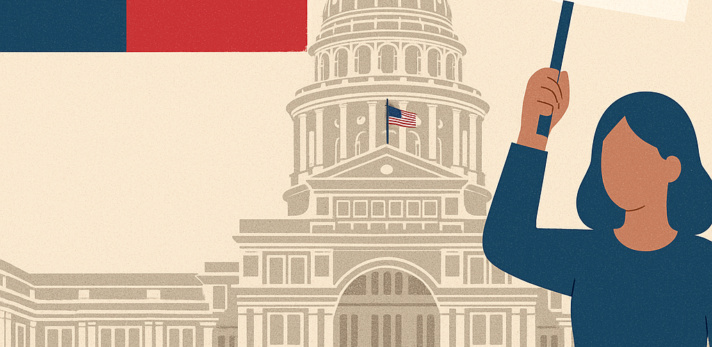 Texas Capitol building with a person holding a protest sign, representing citizens participating in the Texas legislative process and standing up for their rights