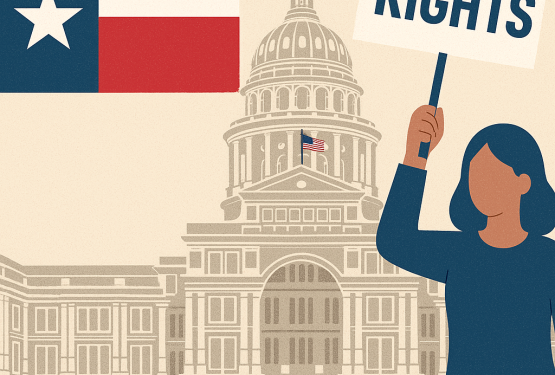 Texas Capitol building with a person holding a protest sign, representing citizens participating in the Texas legislative process and standing up for their rights