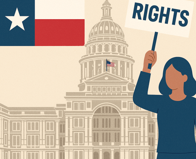 Texas Capitol building with a person holding a protest sign, representing citizens participating in the Texas legislative process and standing up for their rights
