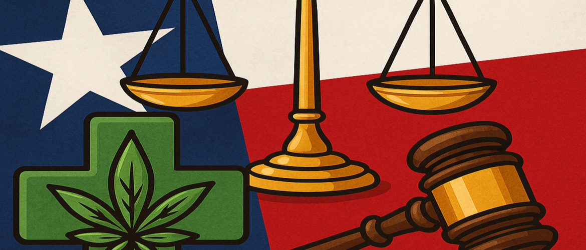 Texas State Capitol with hemp plant, law books, and justice scales symbolizing SB 3’s impact on hemp legality, CBD access, and plant-based wellness in Texas