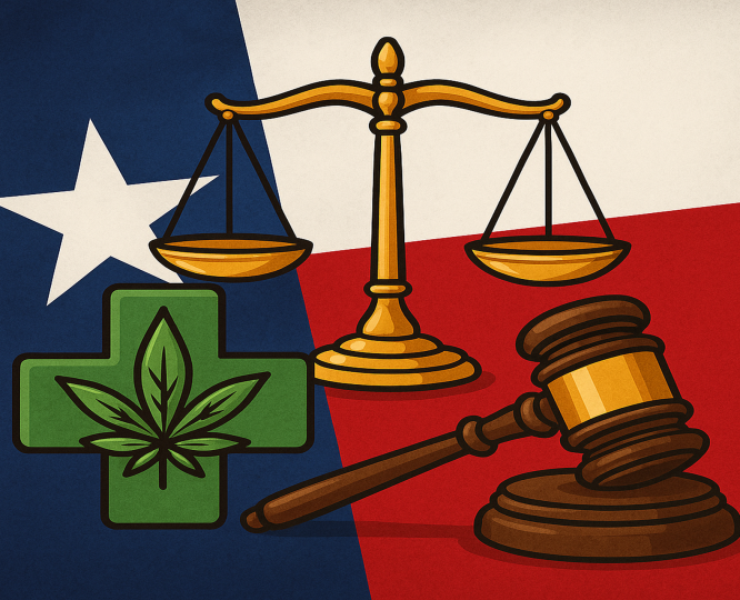 Texas State Capitol with hemp plant, law books, and justice scales symbolizing SB 3’s impact on hemp legality, CBD access, and plant-based wellness in Texas