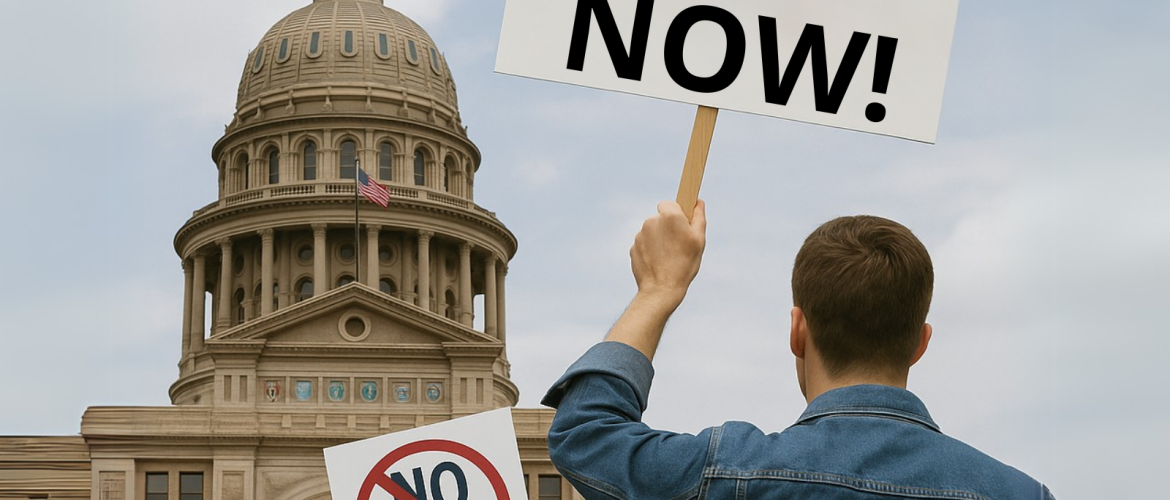 Protester in front of the Texas State Capitol holding a sign symbolizing Texans’ demand to veto SB 3 and protect citizen rights against restrictive hemp legislation