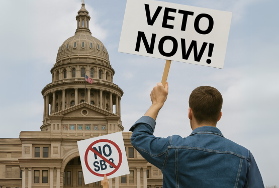 Protester in front of the Texas State Capitol holding a sign symbolizing Texans’ demand to veto SB 3 and protect citizen rights against restrictive hemp legislation
