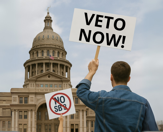 Protester in front of the Texas State Capitol holding a sign symbolizing Texans’ demand to veto SB 3 and protect citizen rights against restrictive hemp legislation