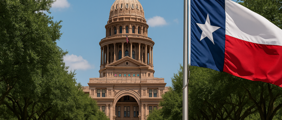 Texas hemp reform concept image showing the Texas Capitol with legal justice symbols and hemp leaves, representing SB 3 and proposed CBD and Delta-8 regulations