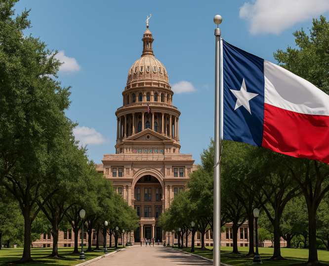 Texas hemp reform concept image showing the Texas Capitol with legal justice symbols and hemp leaves, representing SB 3 and proposed CBD and Delta-8 regulations